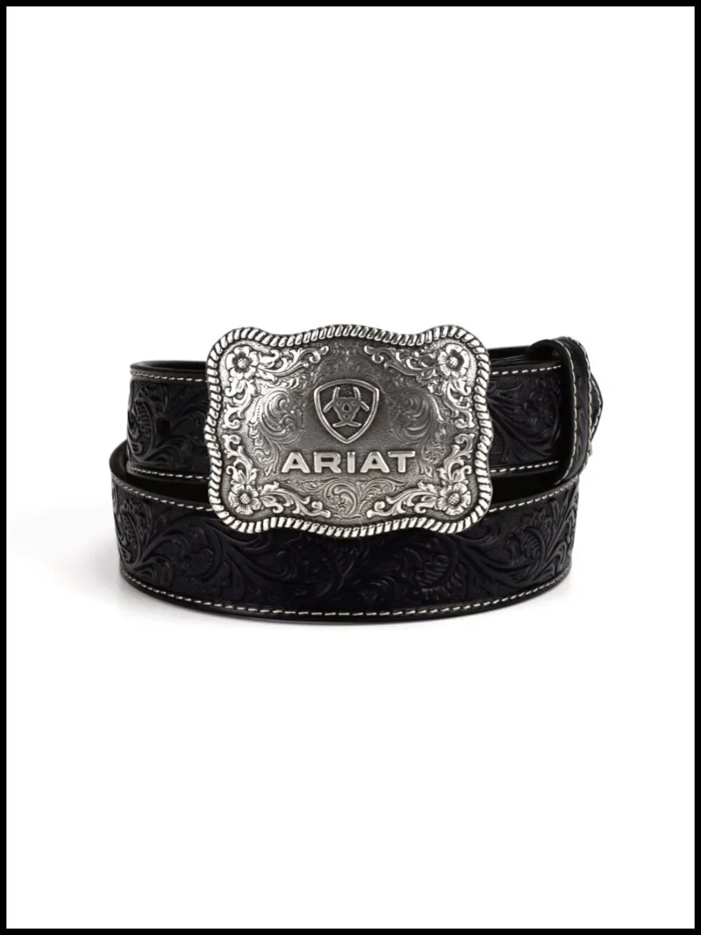 Floral Embossed Leather Men's Belt with Antiqued Silver Buckle